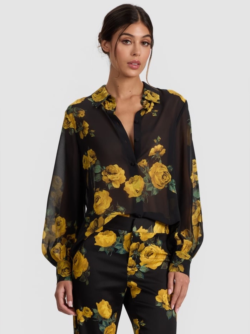 NWT $395 ALICE + OLIVIA Candace Floral Sheer Blouson Shirt